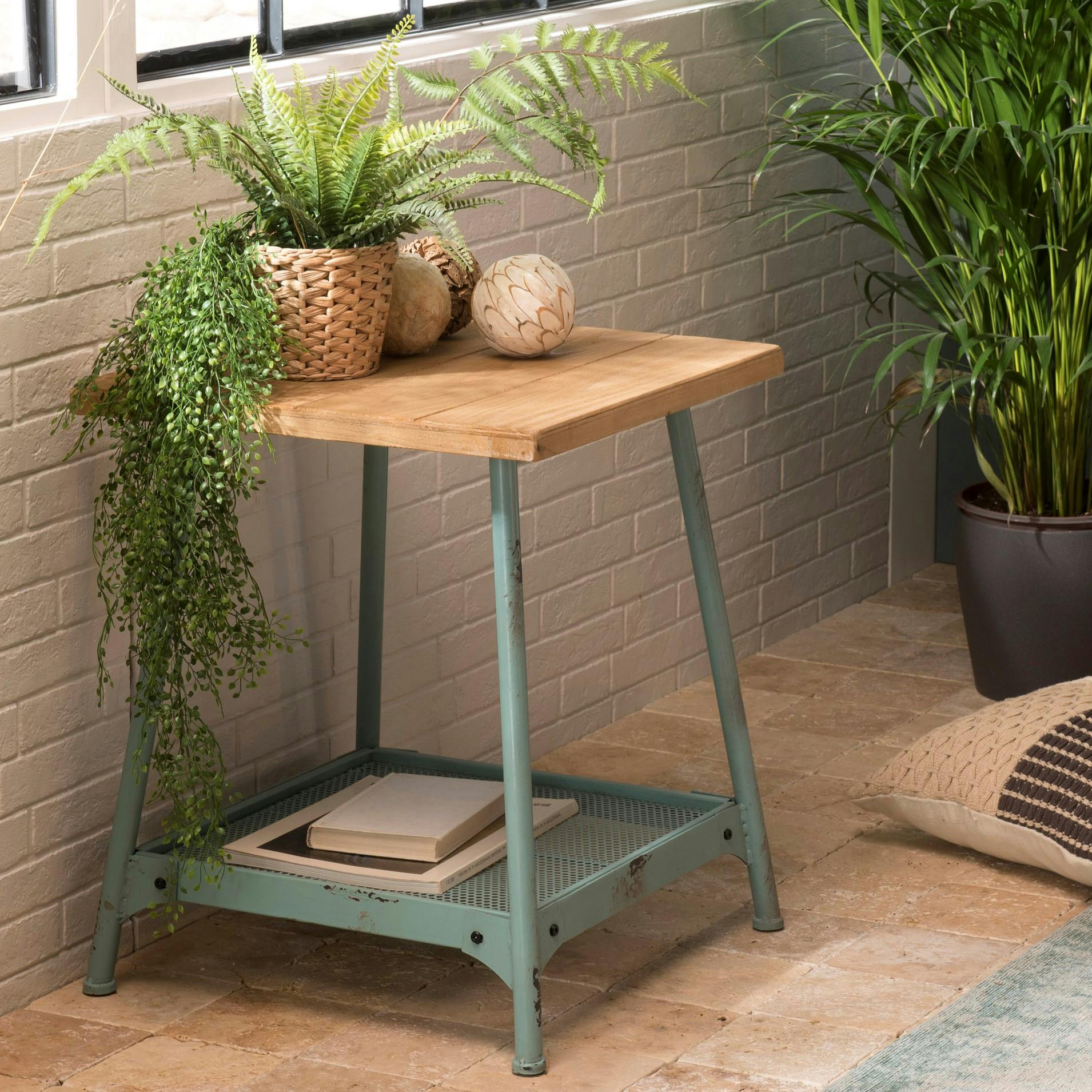 Bout de canapé scandinave bois de sapin piètement vieilli bleu BOSTON