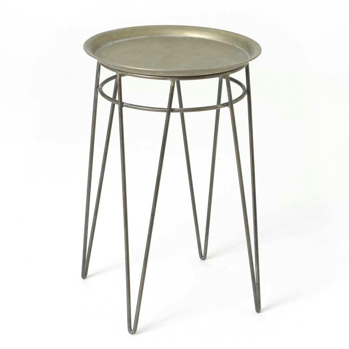 Bout de canapé / Table d'appoint ronde métal couleur argentée avec plateau amovible et pieds en épingle 2 tiges D35 H53cm