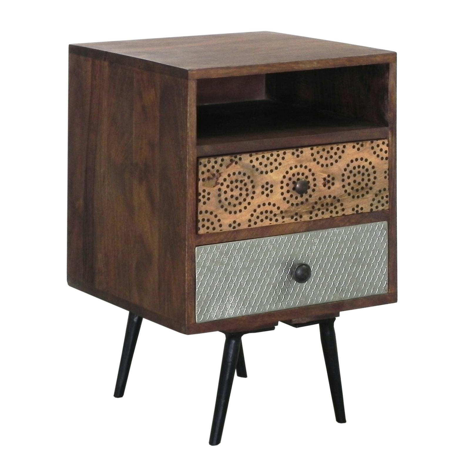 Bout de Canapé / Table de Chevet 2 tiroirs Patchwork et 1 niche en bois exotique 40x40x60cm PATCHOULI