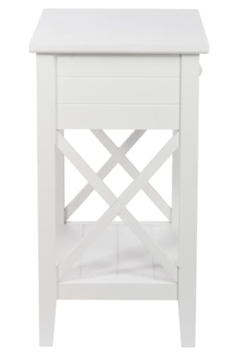 Bout de canapé / Table de chevet bois blanc pieds croisillons, 1 tiroir 50x35x63cm