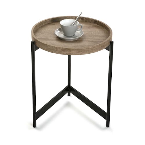 Bout de canapé / Table de chevet plateau rond en bois et trépied en métal noir D40xH50cm