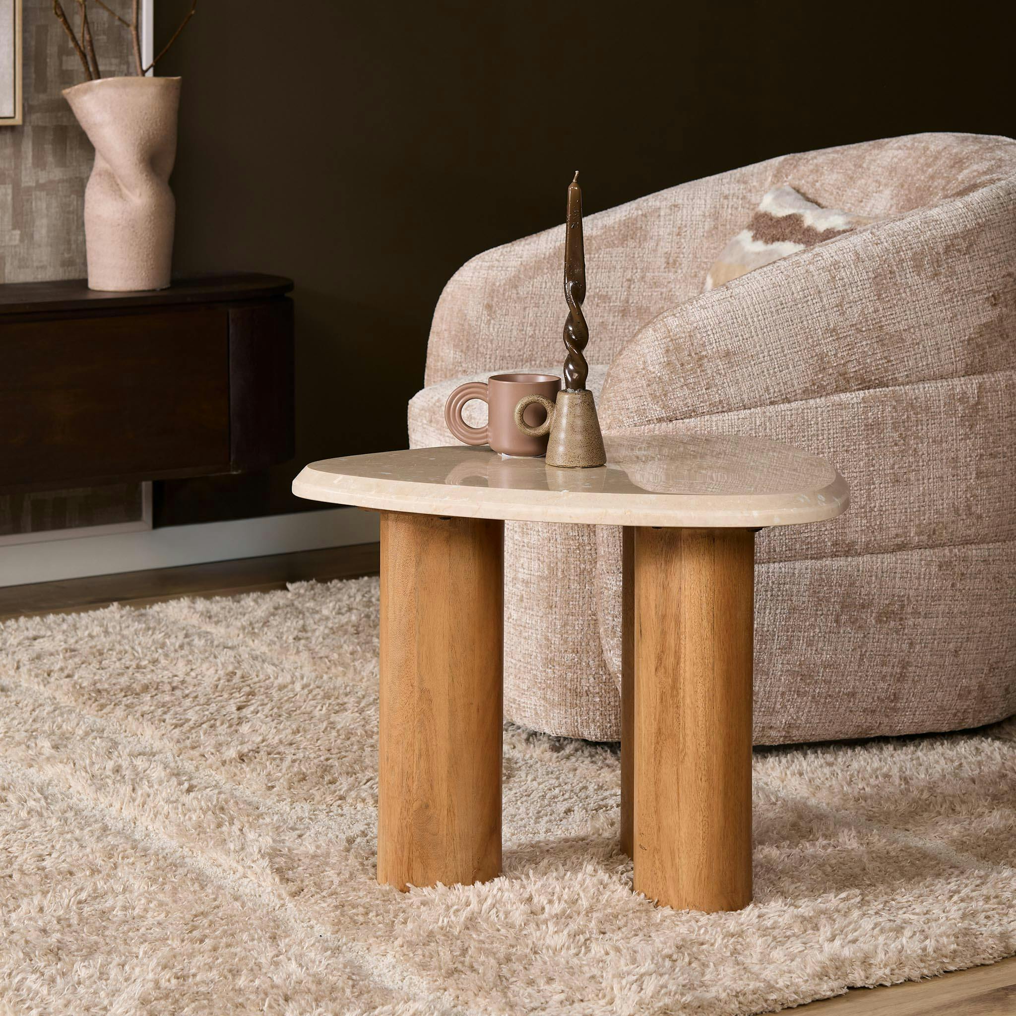 Bout de canapé travertin bois design organique DUOMO