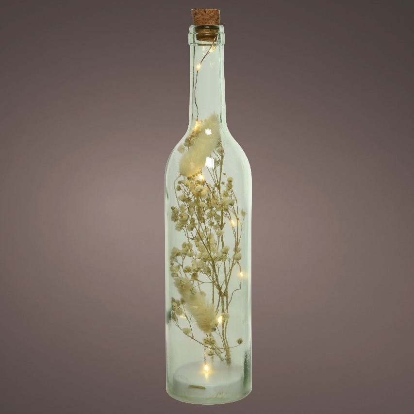 Bouteille décorative de Noël fleurs séchées blanches et leds