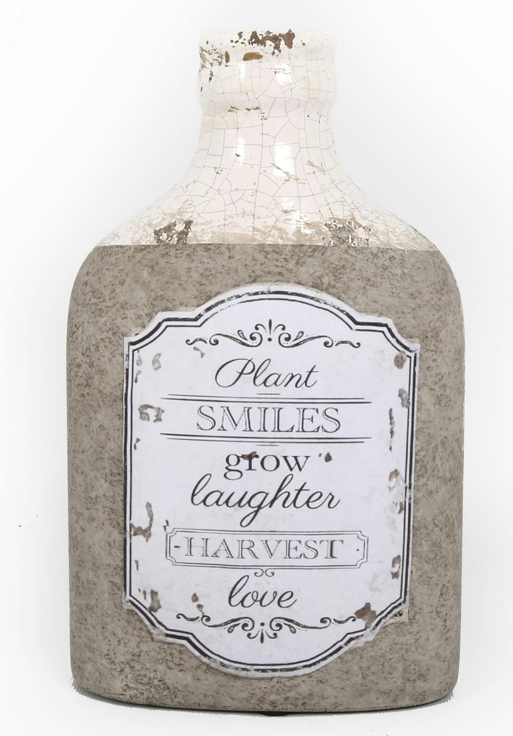 Bouteille ovale effet rustique avec messages en terre-cuite blanche et grise 25,5x15x8,5cm