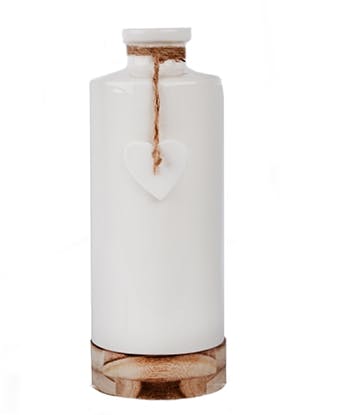 Bouteille vase soliflore "All U Need is Love" céramique blanche sur support bois et c?ur suspendu D11,3xH30cm