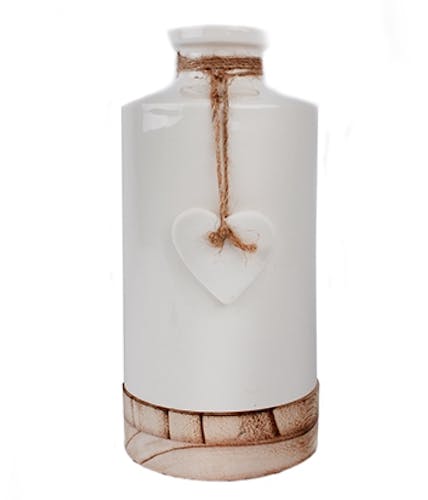 Bouteille vase soliflore "All U Need is Love" céramique blanche sur support bois et c?ur suspendu D11xH25cm