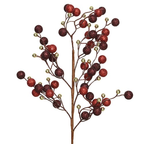 Branche décorative de Noël avec boules rouges, carmin et or