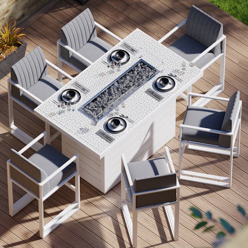 Brasero extérieur table haute en aluminium blanc avec plateau motifs graphiques (1 pièce) MAJORQUE