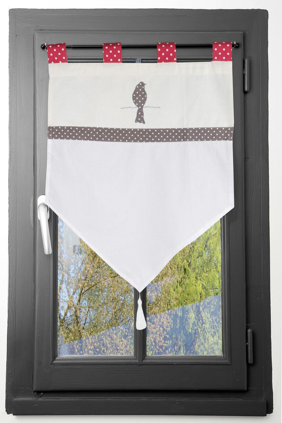 Brise bise 45x60cm Charme écru décor oiseau brodé et bande à pois et pompon 100% coton BAILEY