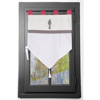Brise bise 60x90cm Charme écru décor oiseau brodé et bande à pois et pompon 100% coton BAILEY