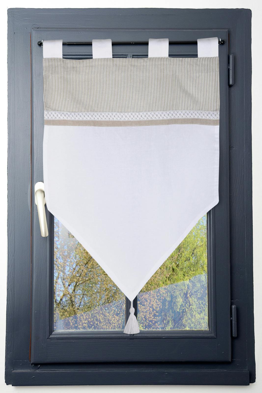 Brise bise charme couleur lin rayé blanc avec dentelle et pompon 45x60cm 100% coton ANGELE LIN