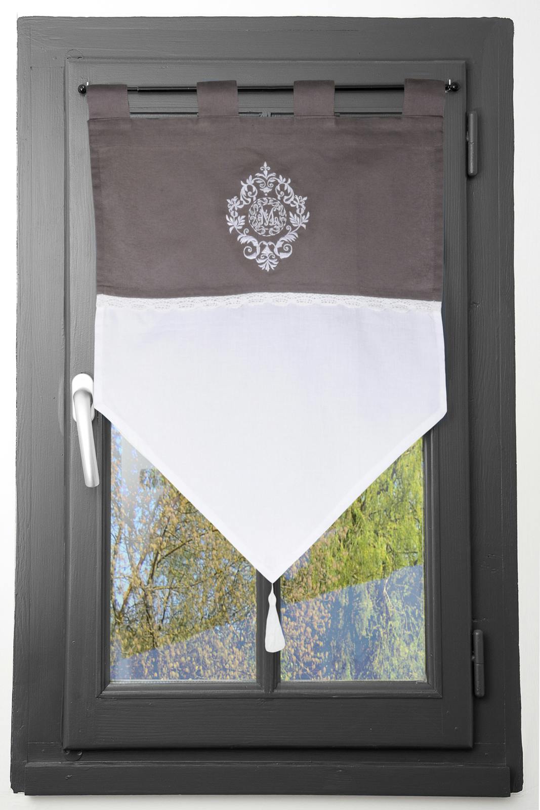 Brise bise gris blanc décor romantique brodé et dentelle 60x90cm 100% coton MELINE