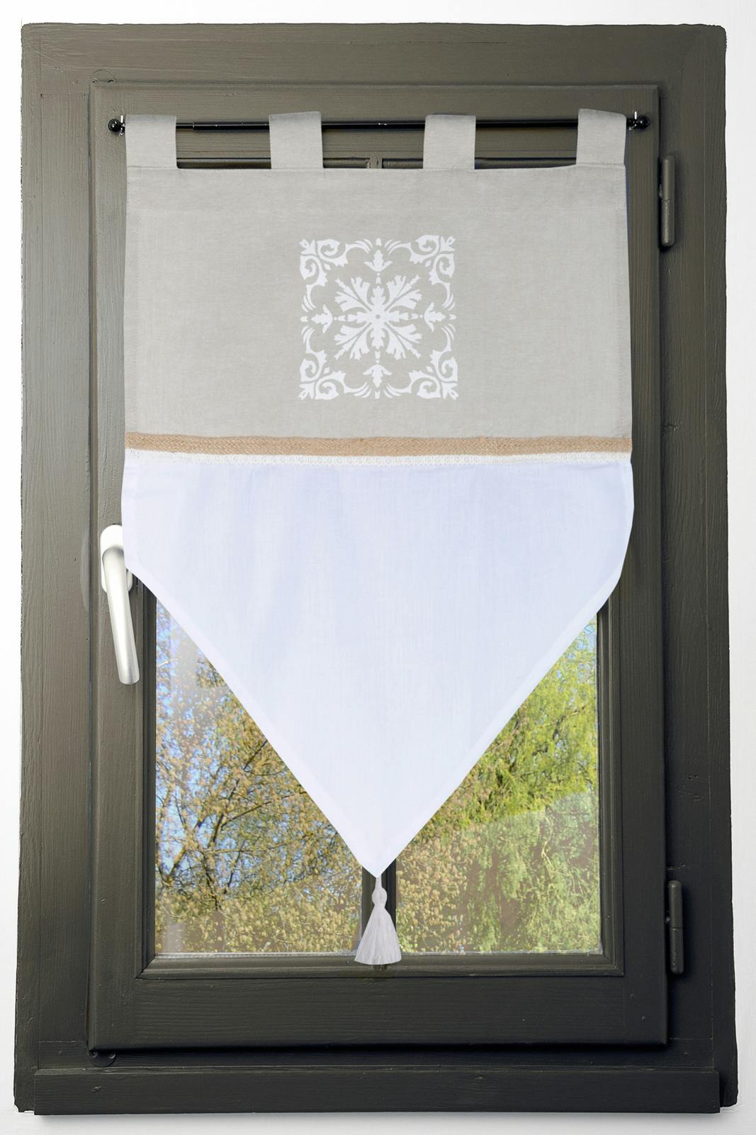 Brise bise motif baroque couleur lin et blanc avec dentelle et liseré jute et pompon 60x90cm 100% coton CHAMBORD