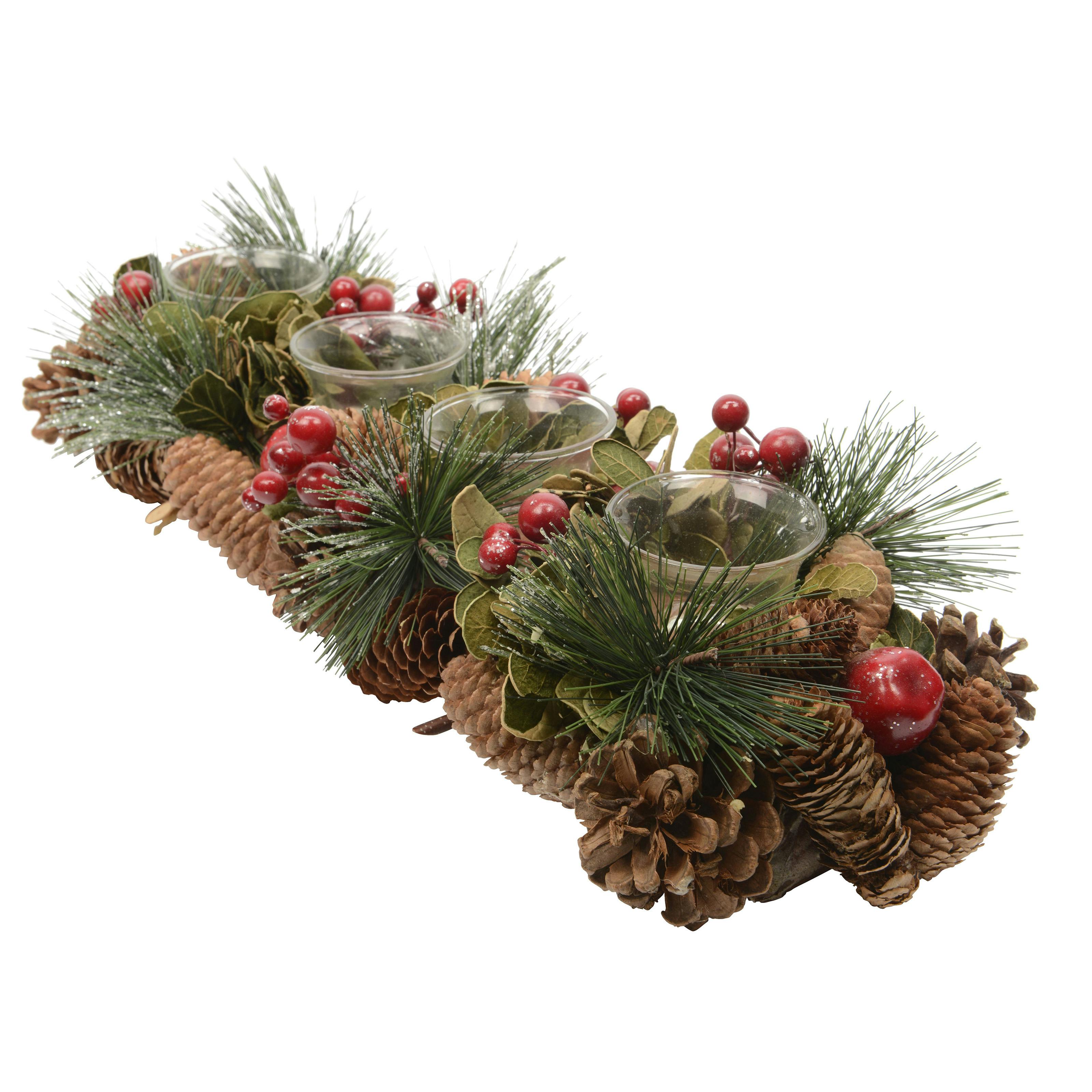 Buche 4 bougeoirs pin et baies 47 cm