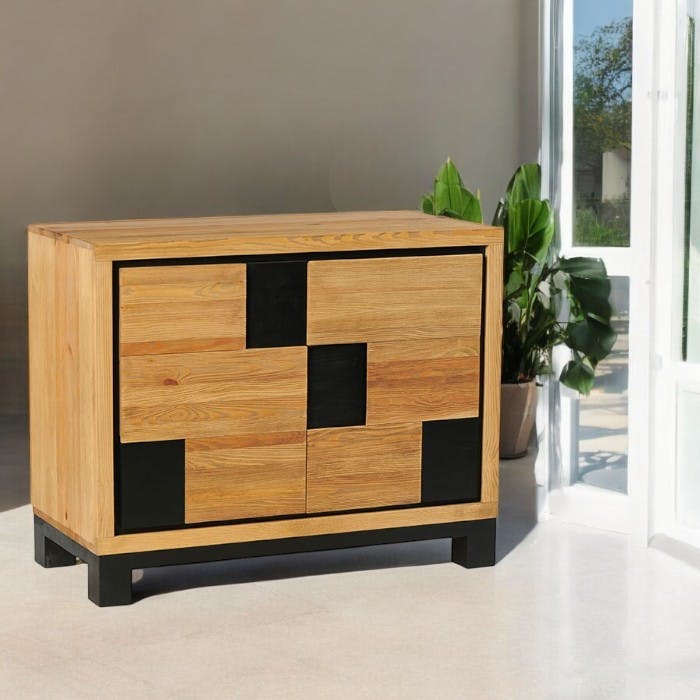 Buffet 2 portes 1 tiroir pin brossé carrés noirs ARAD