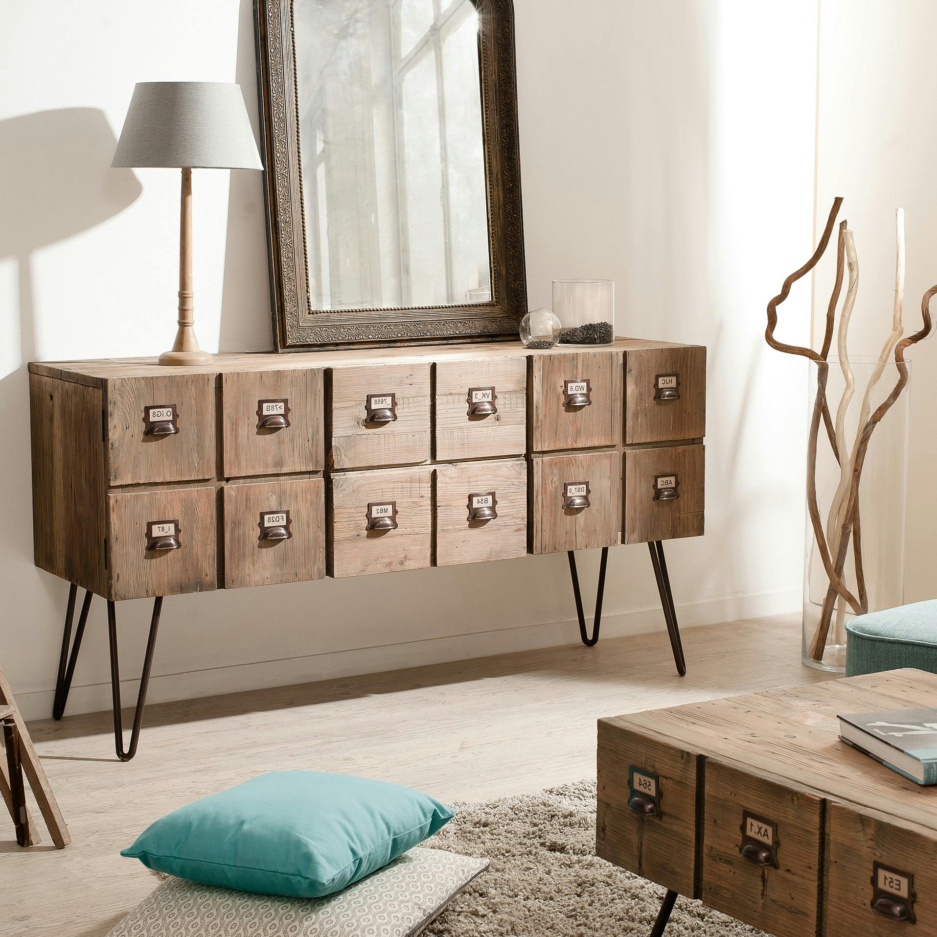 Buffet 2 portes 2 tiroirs pin recyclé 150,5x45x79,5cm ATELIER