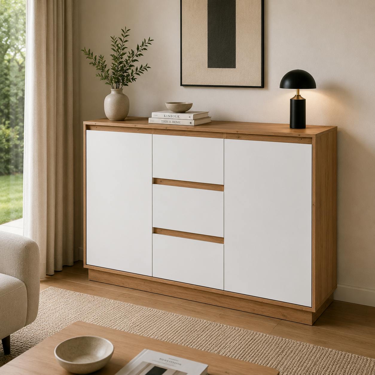Buffet 2 portes 3 tiroirs décor bois et blanc ALVA
