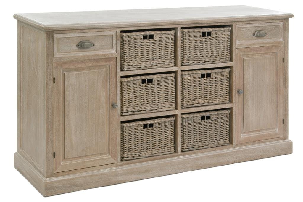 Buffet 2 portes bois naturel patiné grisé blanchi, deux tiroirs et 6 paniers amovibles L158xP40xH85cm PAOLIA