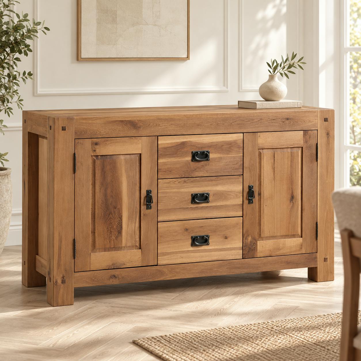 Buffet en bois massif deux portes trois tiroirs de style campagne