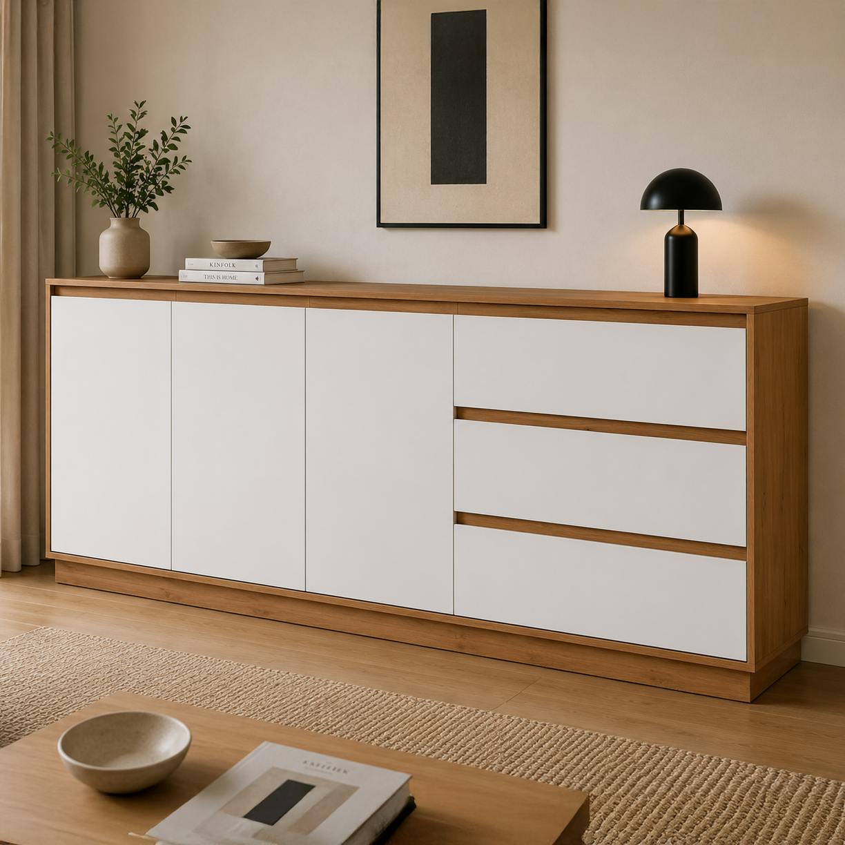 Buffet 3 portes 3 tiroirs décor bois et blanc ALVA