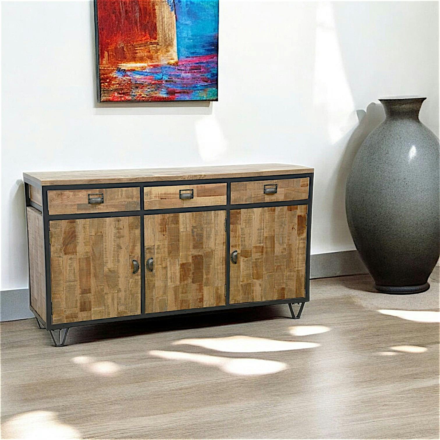 Buffet 3 portes, 3 tiroirs en Hévéa recyclé naturel et métal 150x45x85cm LOFT