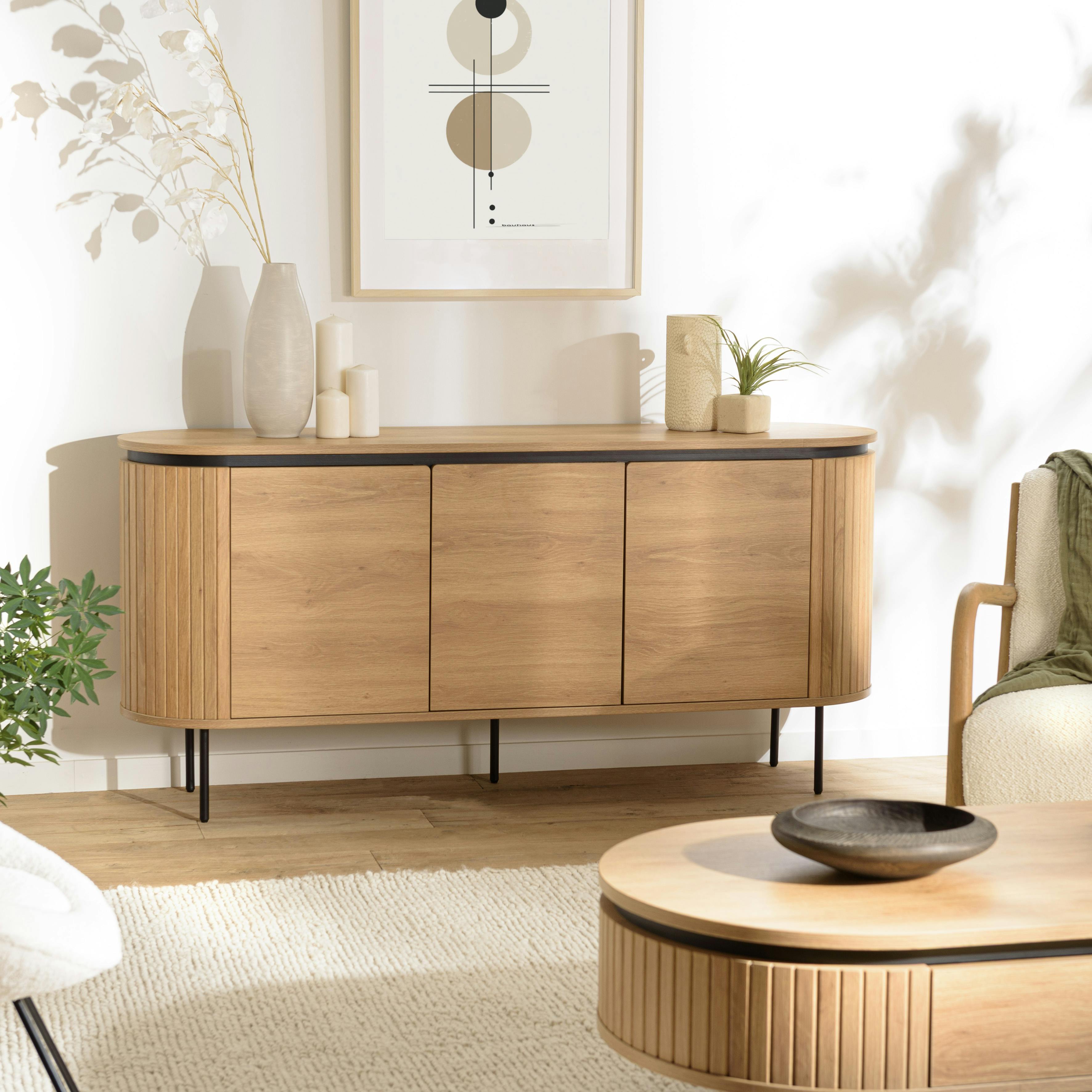 Buffet 3 portes bords arrondis bois décor strié JINAN