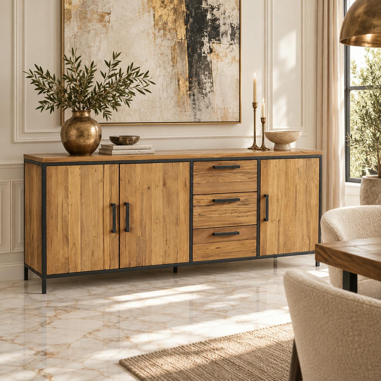 Buffet bahut en bois et metal de style exotique
