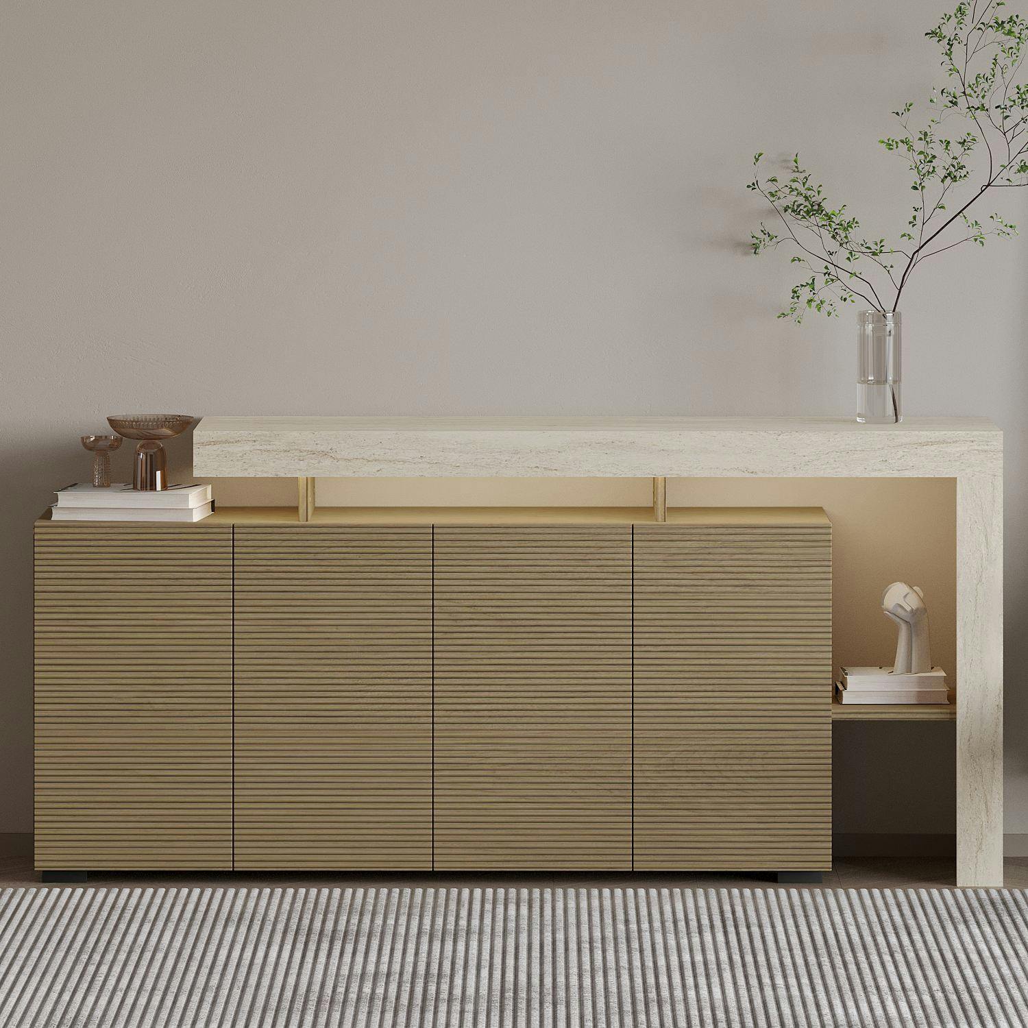 Buffet 4 portes décor bois et travertin cadre ouvert AURA