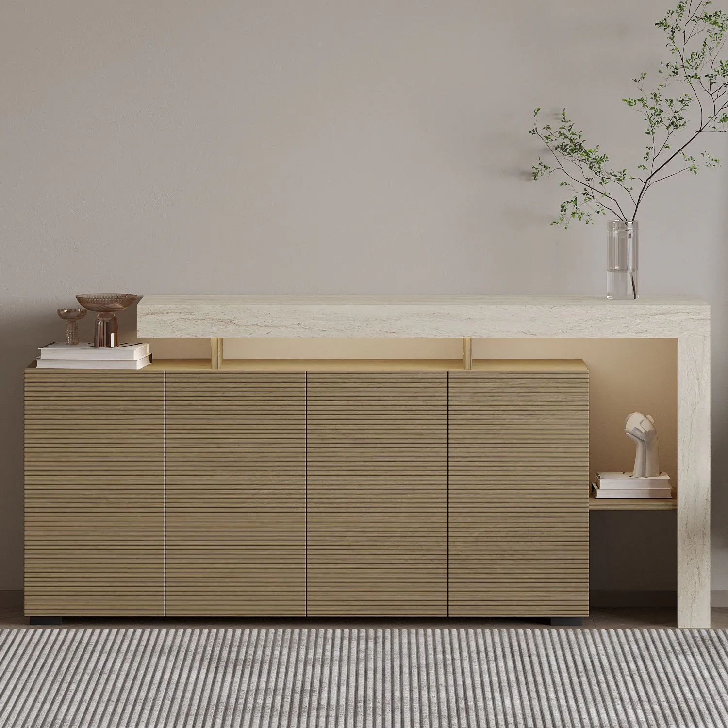 Buffet 4 portes décor bois et travertin cadre ouvert AURA