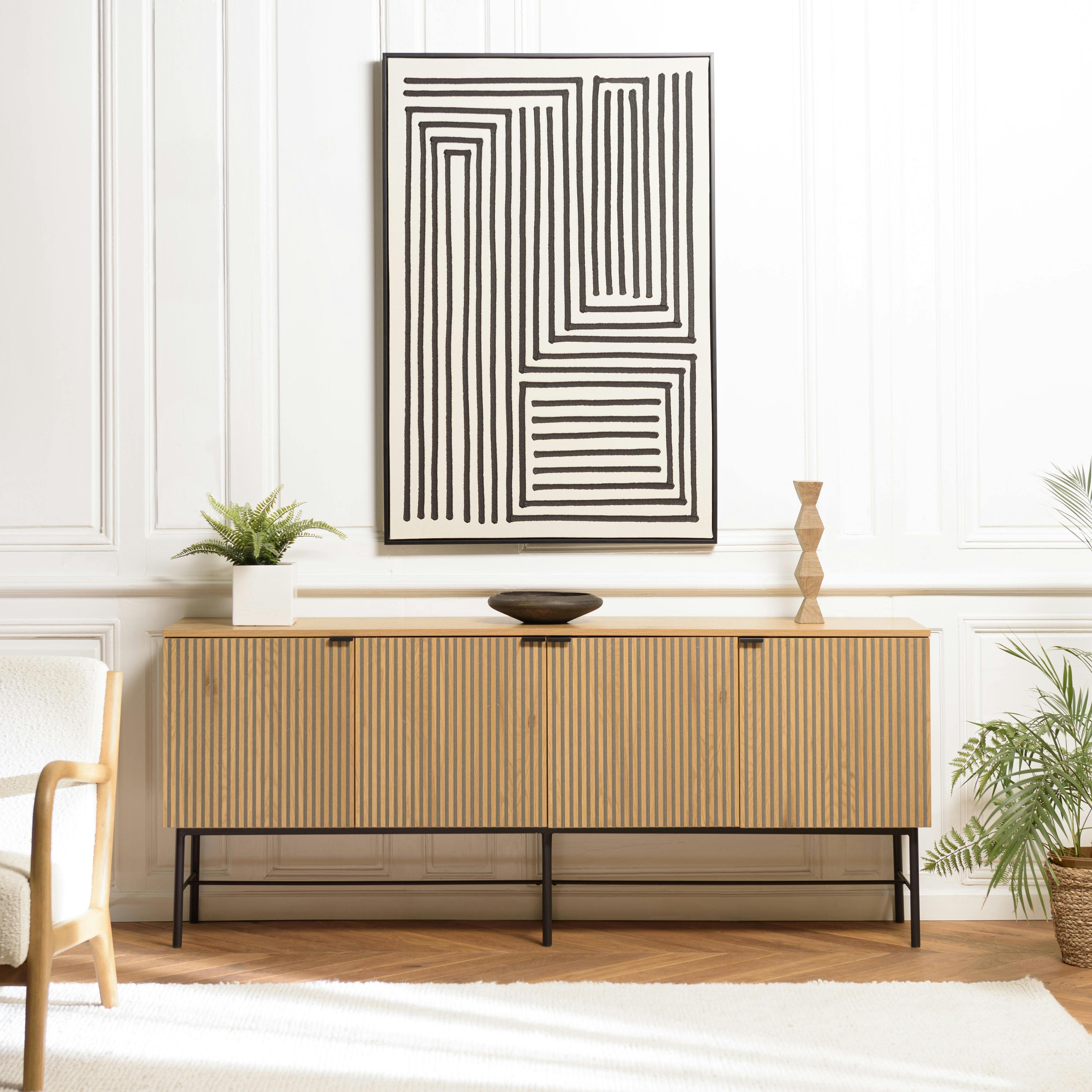 Buffet 4 portes décor effet bois rainuré noir et naturel OLETTA