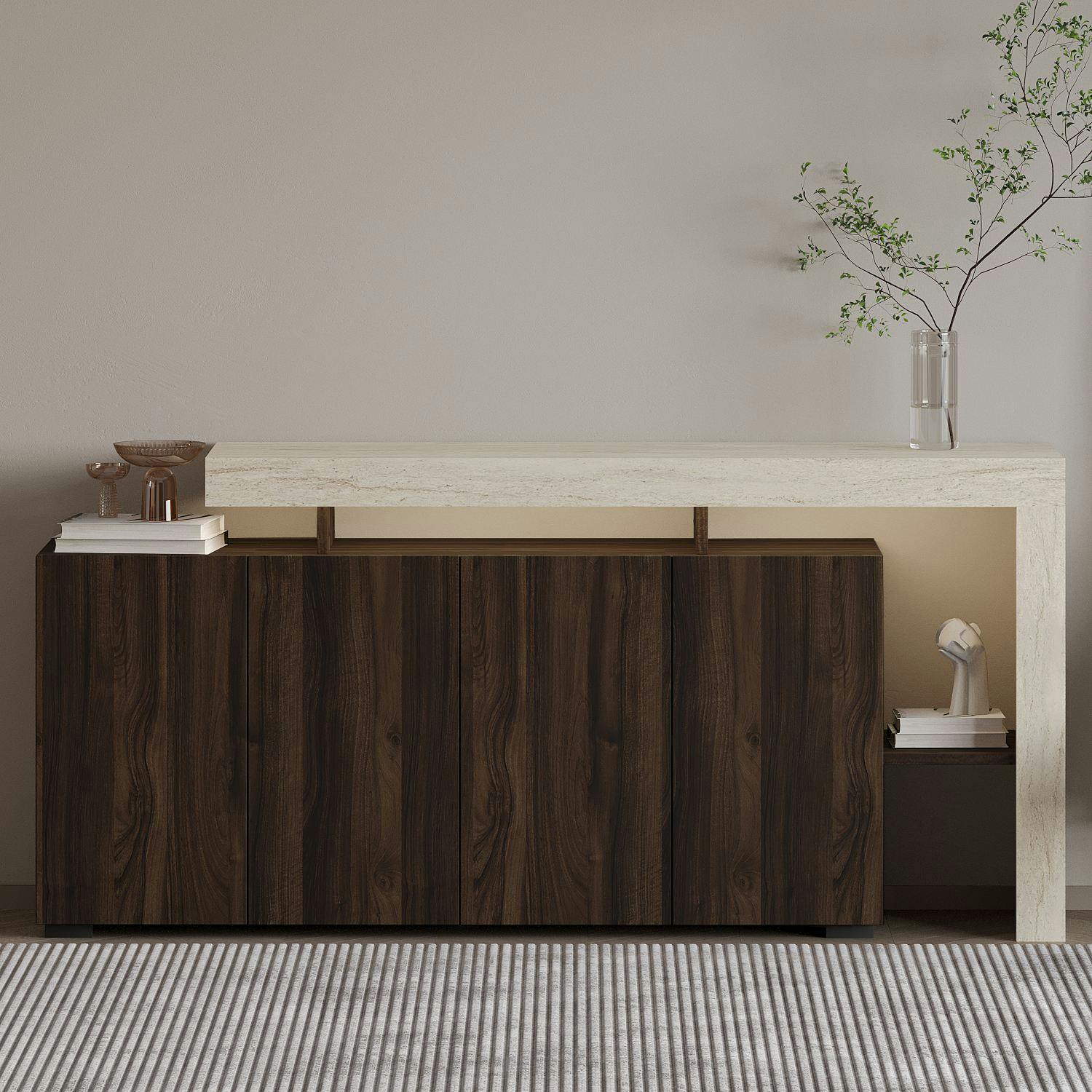 Buffet 4 portes décor noyer et travertin cadre ouvert AURA