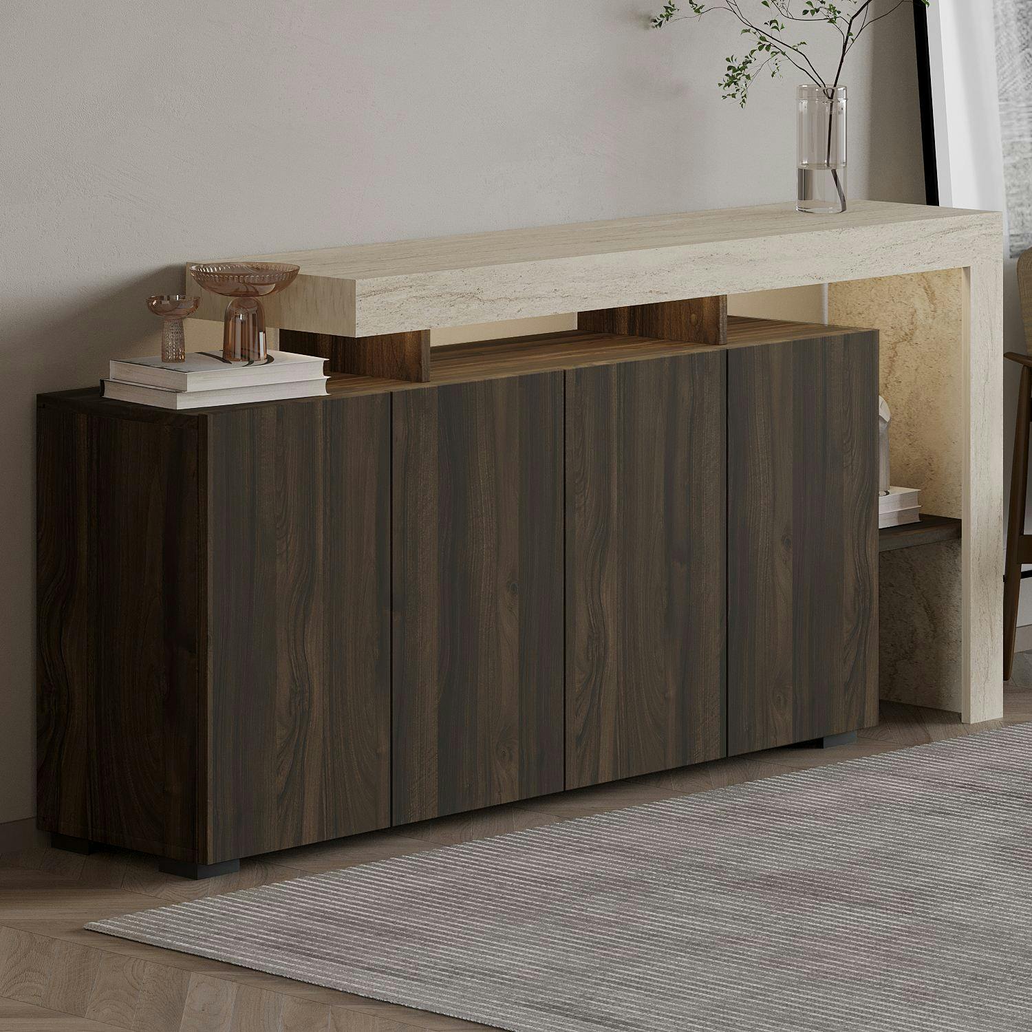 Buffet 4 portes décor noyer et travertin cadre ouvert AURA