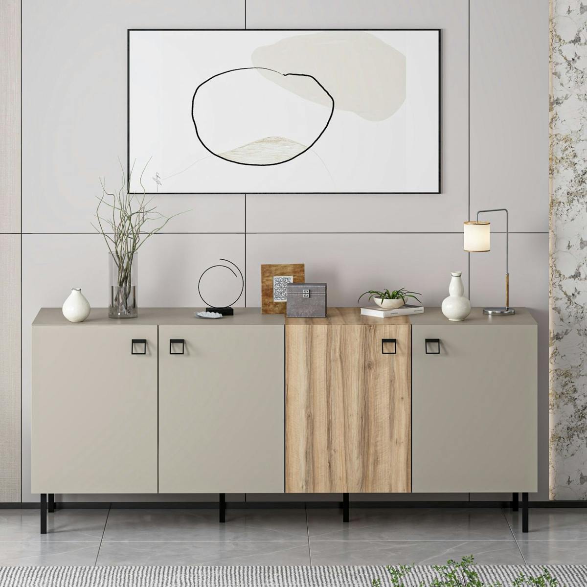 Buffet 4 portes effet bois et gris, poignées carrées JENA