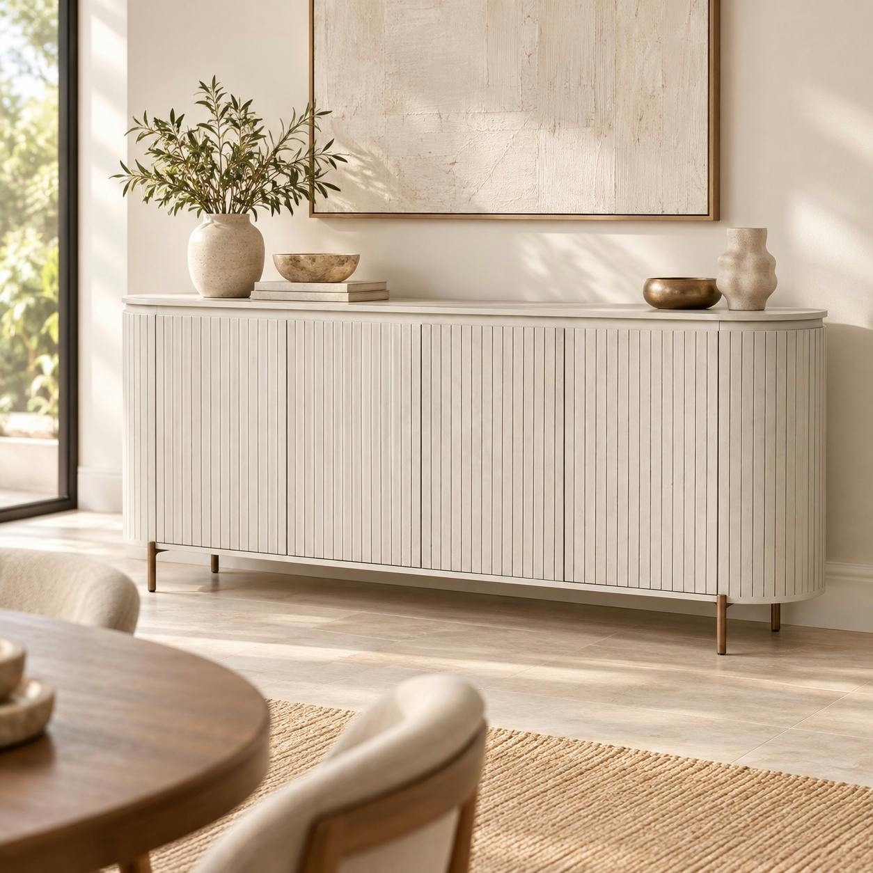 Buffet 4 portes en bois beige sable rainuré CALERO