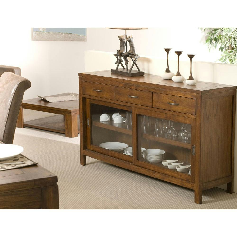 Petit buffet bas en bois avec portes vitrées de style exotique