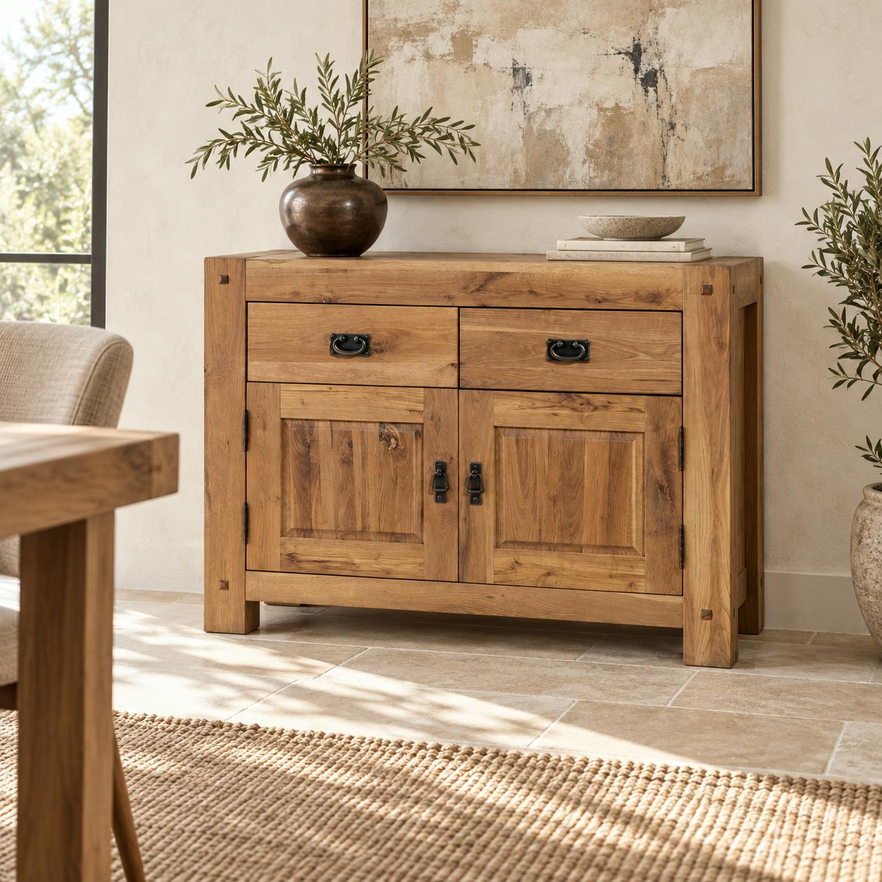 Petit buffet bas en bois massif de style campagne