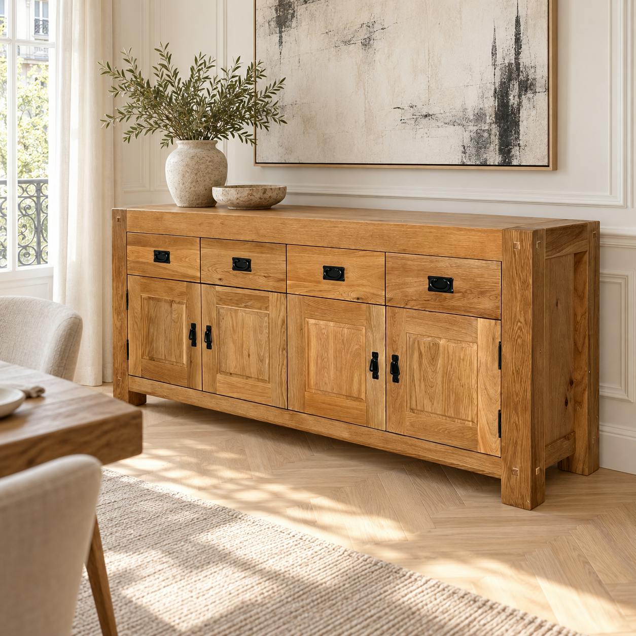 Grand buffet bas en bois massif de style campagne