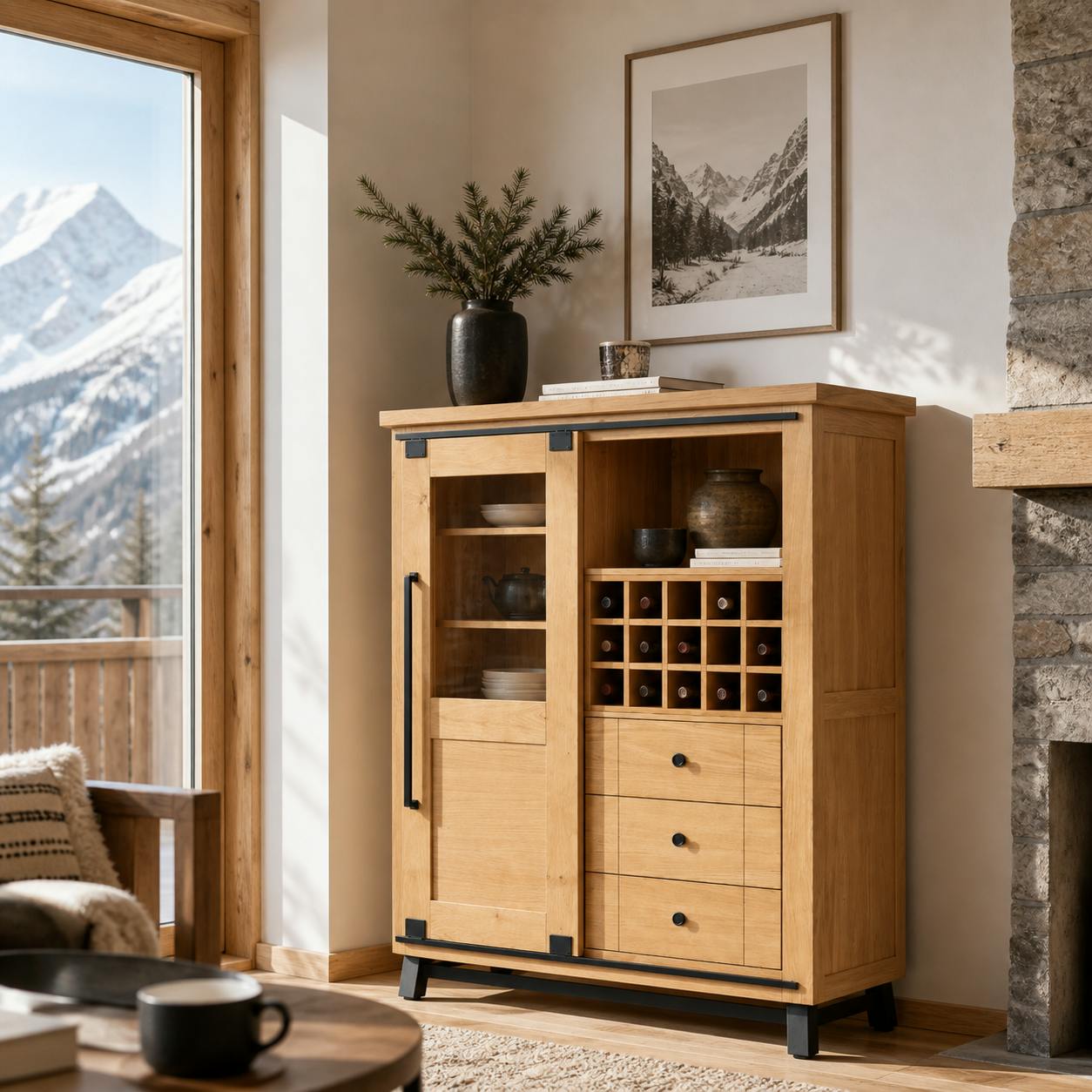 Buffet bar chêne clair avec casier bouteilles ALPINE