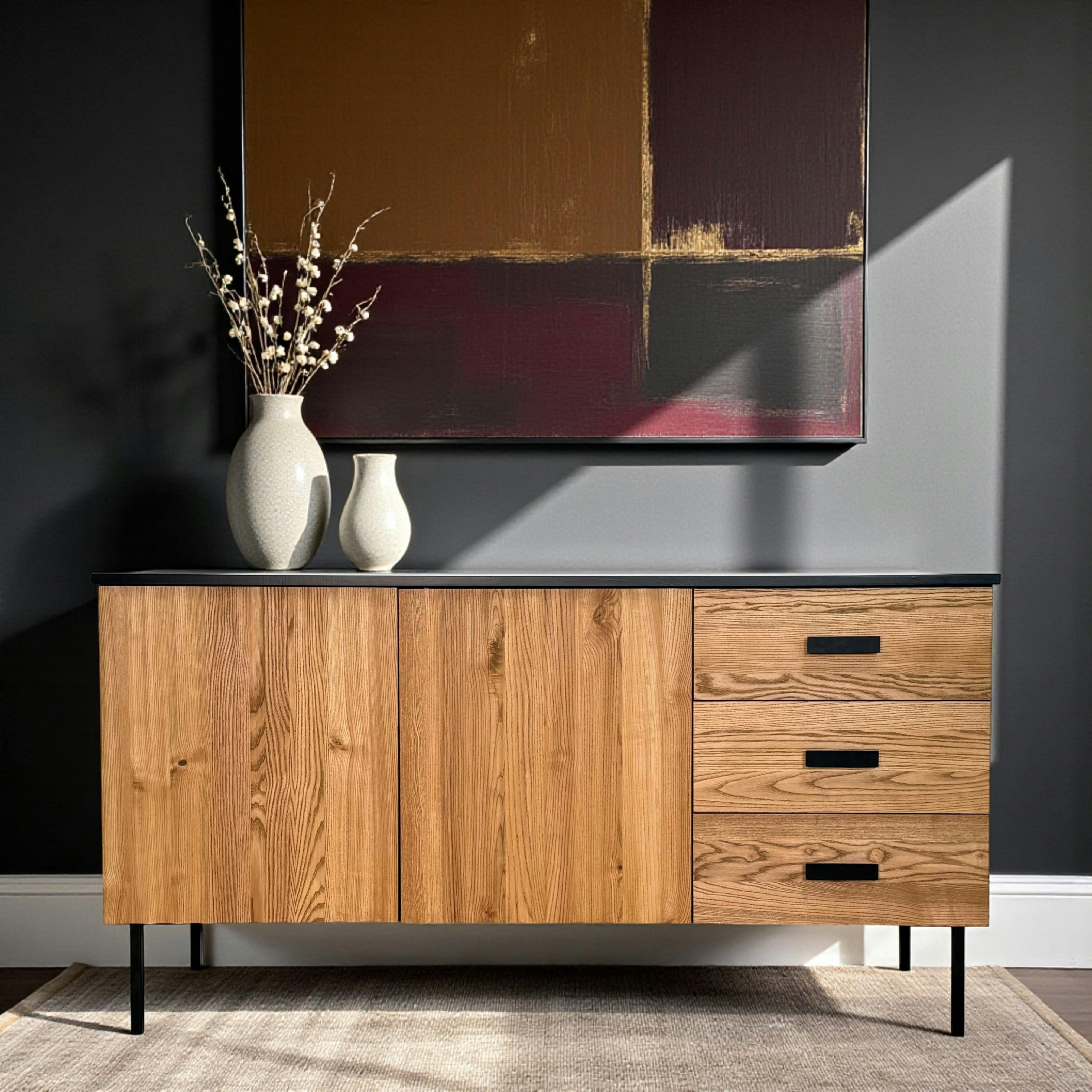 Buffet bas 2 portes en bois bicolore, façade ondulée TARAN