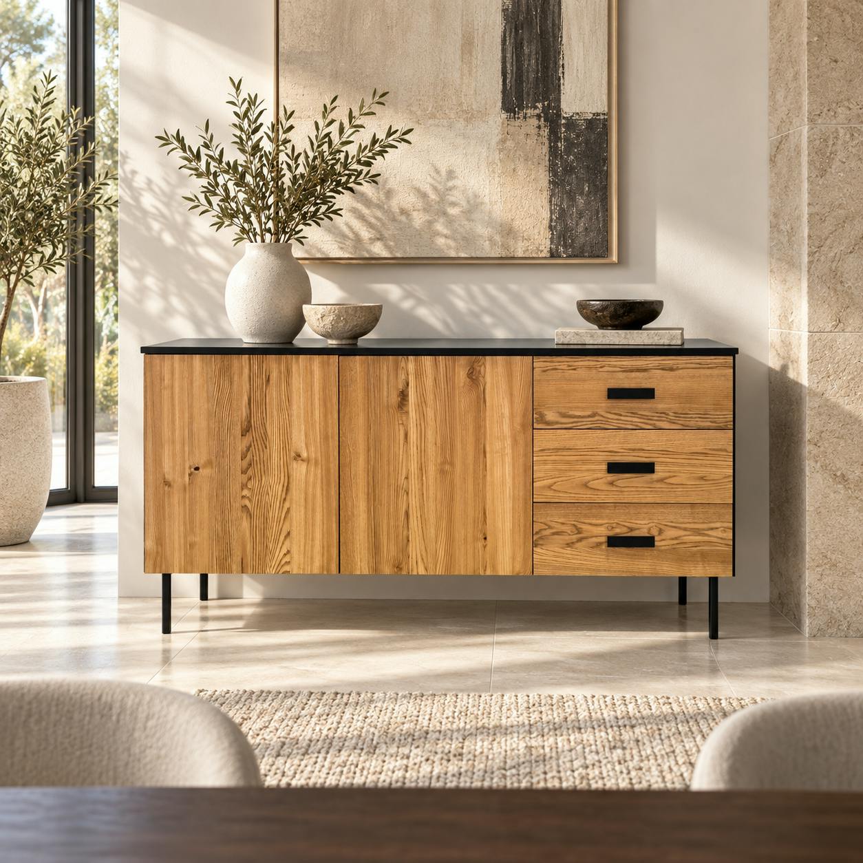Buffet bas 2 portes en bois bicolore, façade ondulée TARAN
