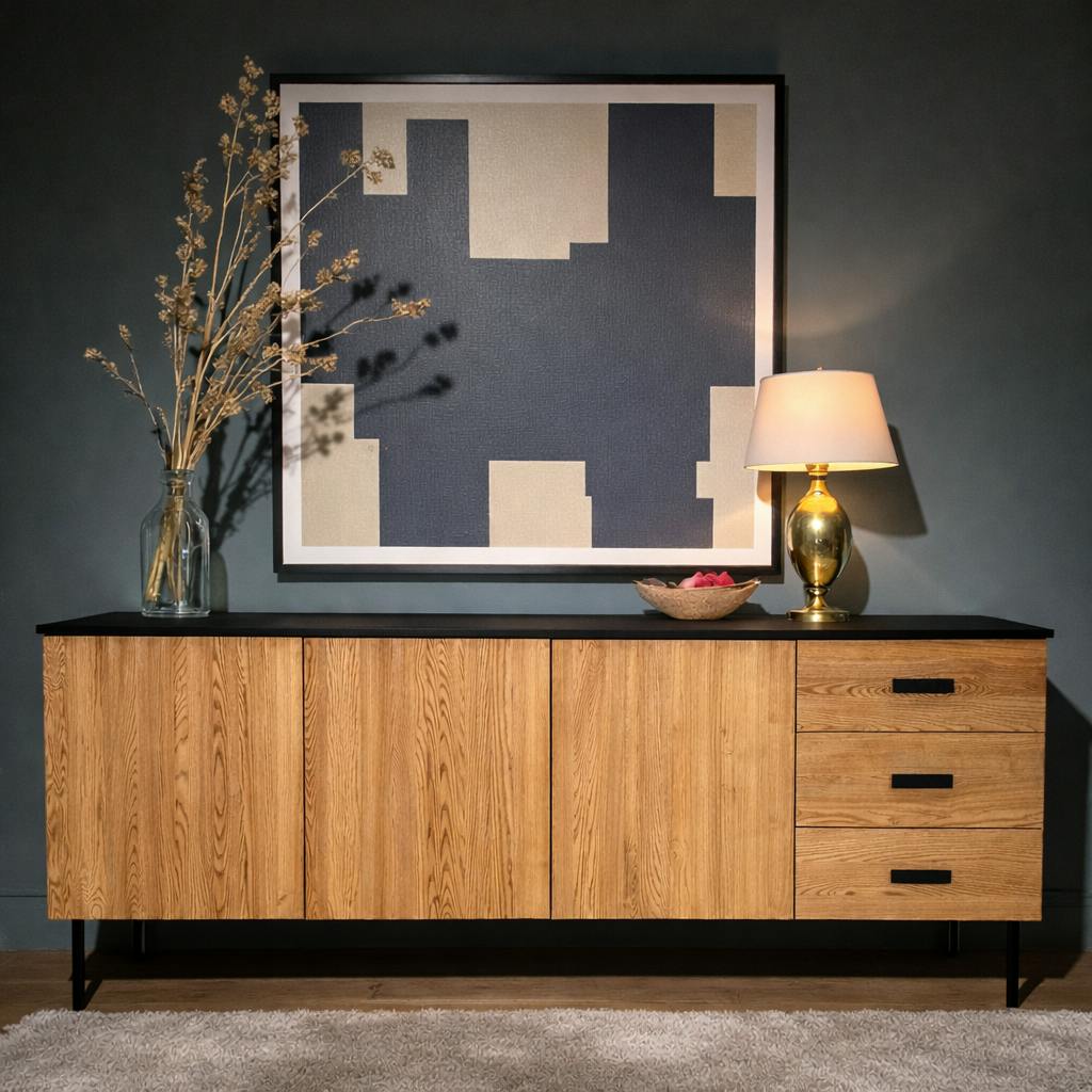 Buffet bas 3 portes en bois bicolore, façade ondulée TARAN