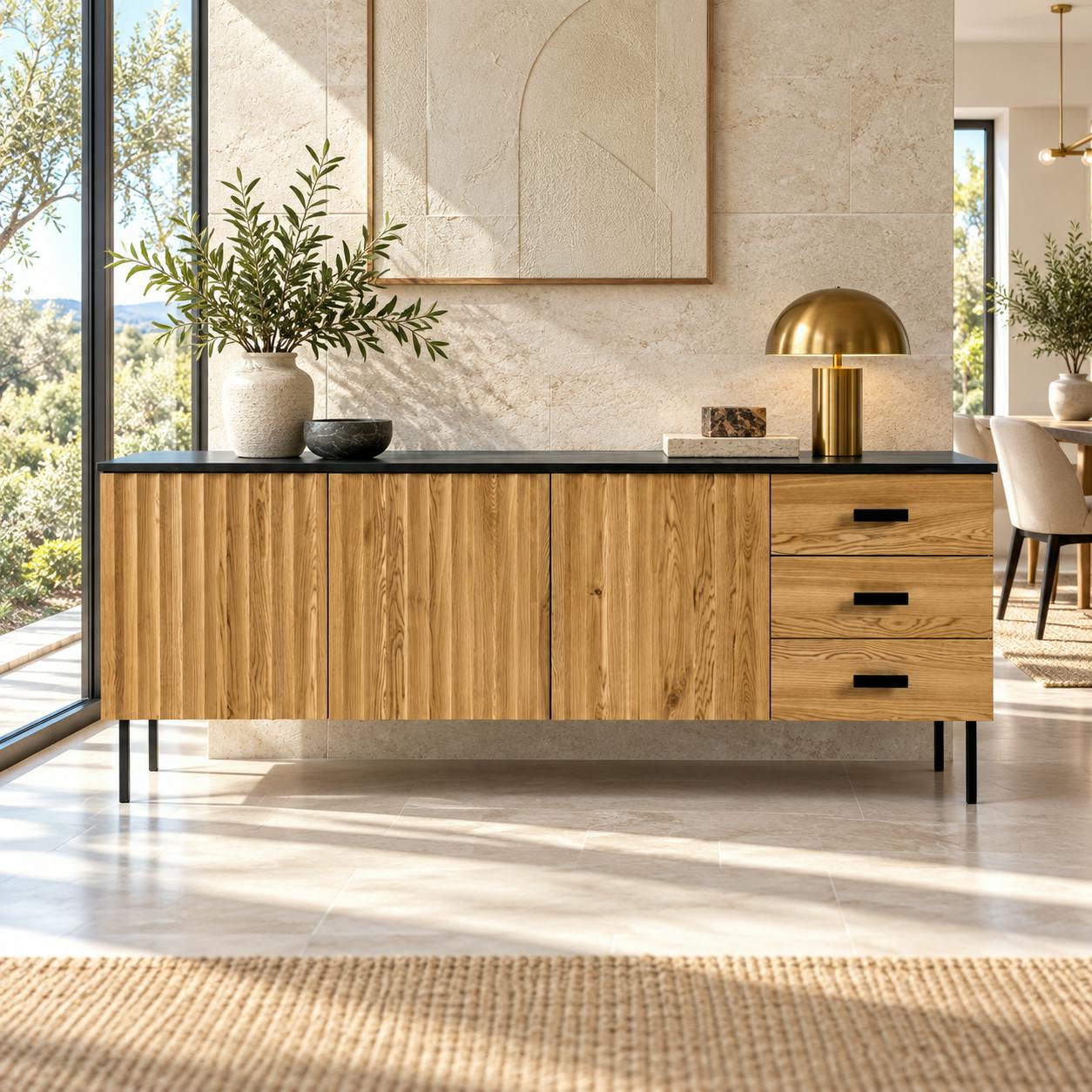 Buffet bas 3 portes en bois bicolore, façade ondulée TARAN