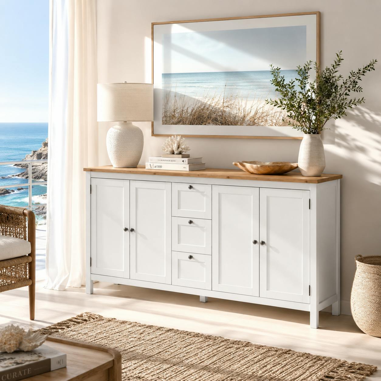 Buffet bas blanc 4 portes 3 tiroirs VENZA