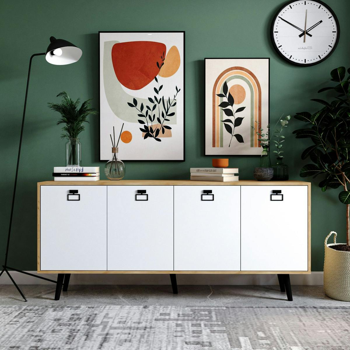 Buffet bas blanc et effet bois, poignées noires MARFA