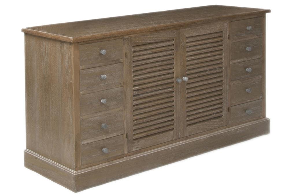 Buffet bas bois naturel patiné grisé blanchi avec 10 tiroirs et 2 portes L160xP44xH80cm PAOLIA
