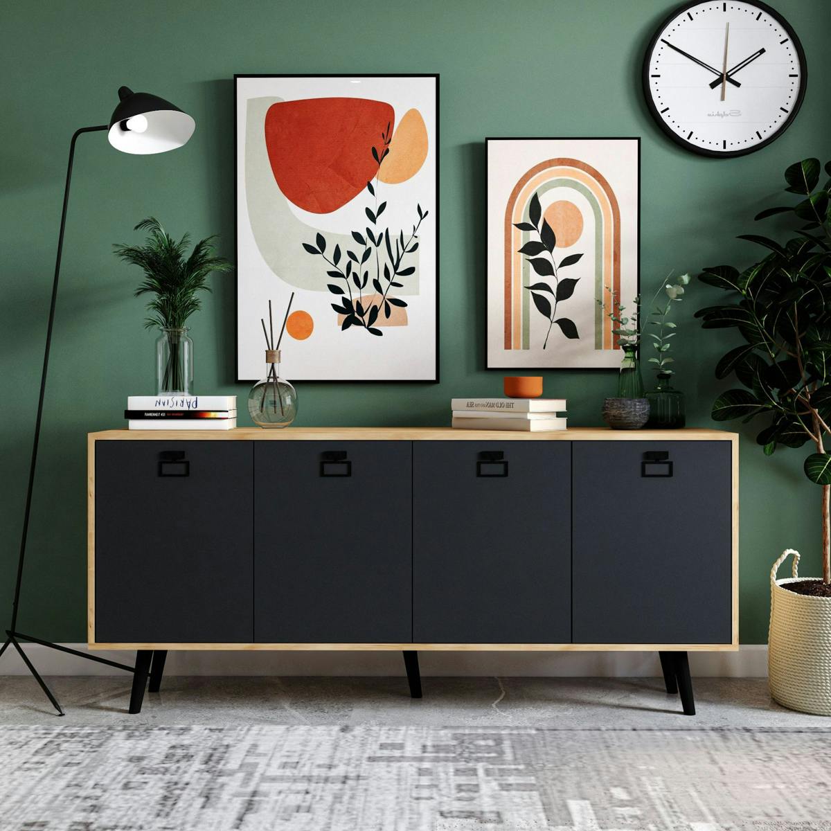 Buffet bas gris et effet bois, poignées noires MARFA