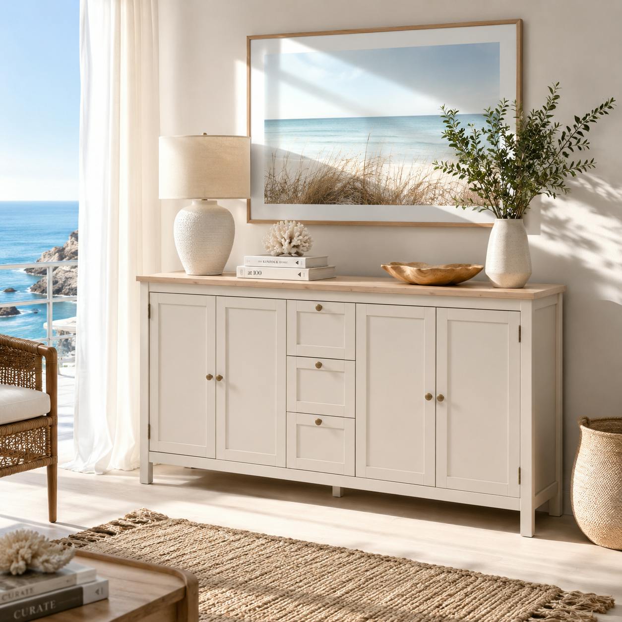 Buffet bas gris taupe 4 portes 3 tiroirs VENZA