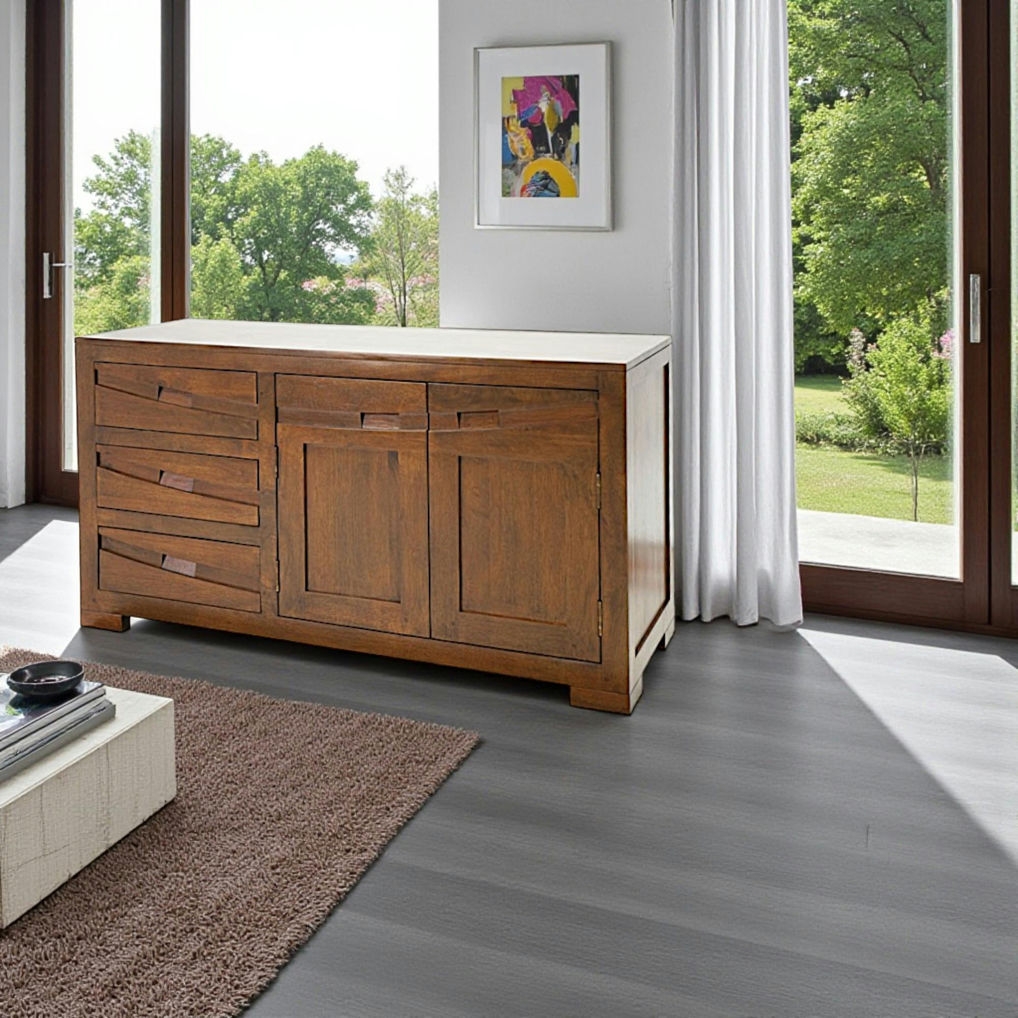 Buffet bas Hévéa 2 portes, 3 tiroirs 120x45x65cm NIAGARA