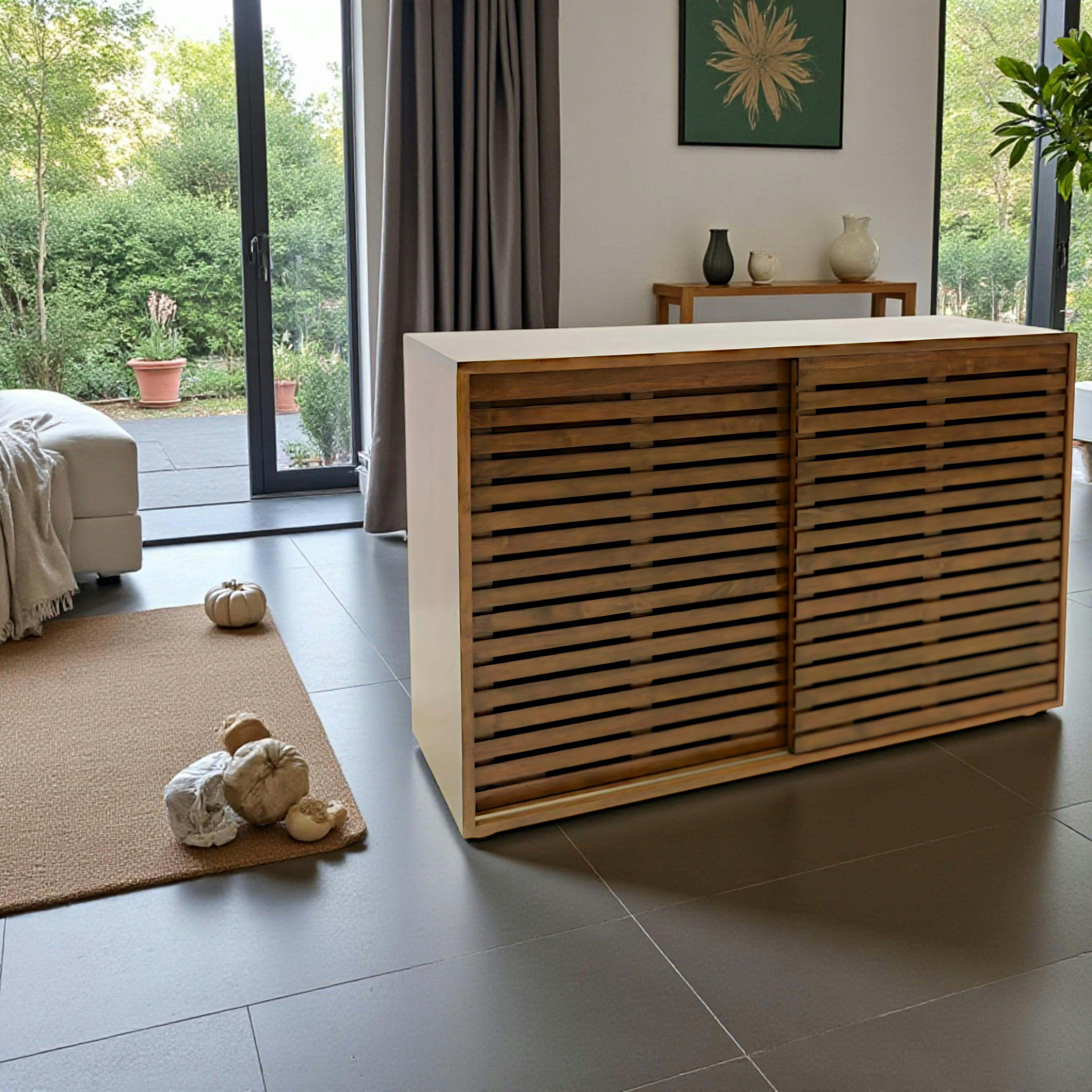 Buffet bas Hévéa 2 portes coulissantes Persiennes, 2 tiroirs intérieurs 120x45x80cm NEW ORLEANS