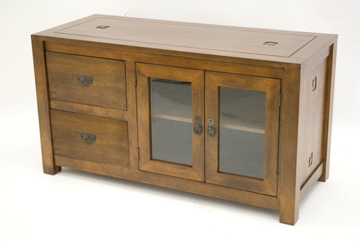 Buffet bas Hévéa 2 portes vitrées, 2 tiroirs 120x50x65cm TESSA